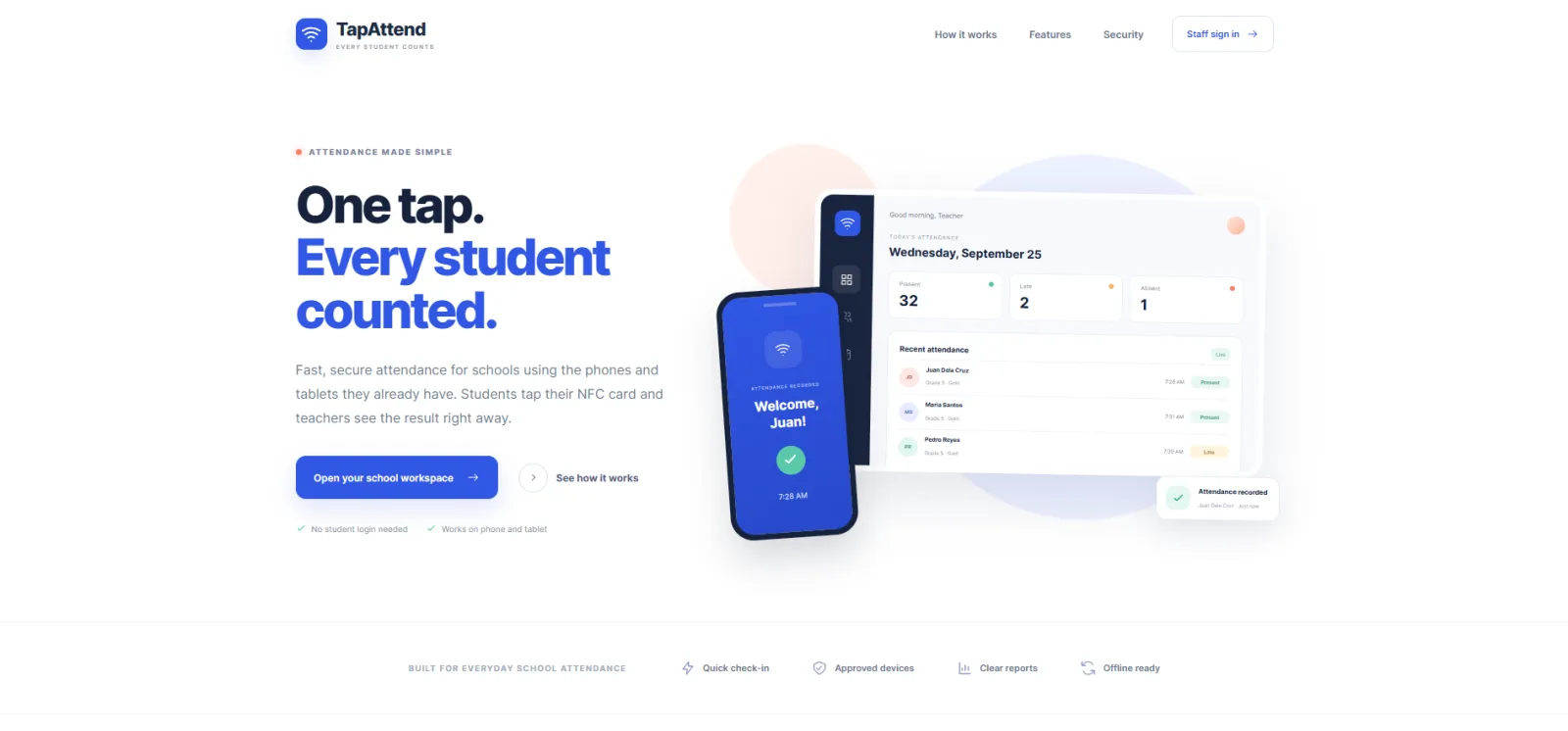 Screenshot of Simple, secure student attendance · TapAttend