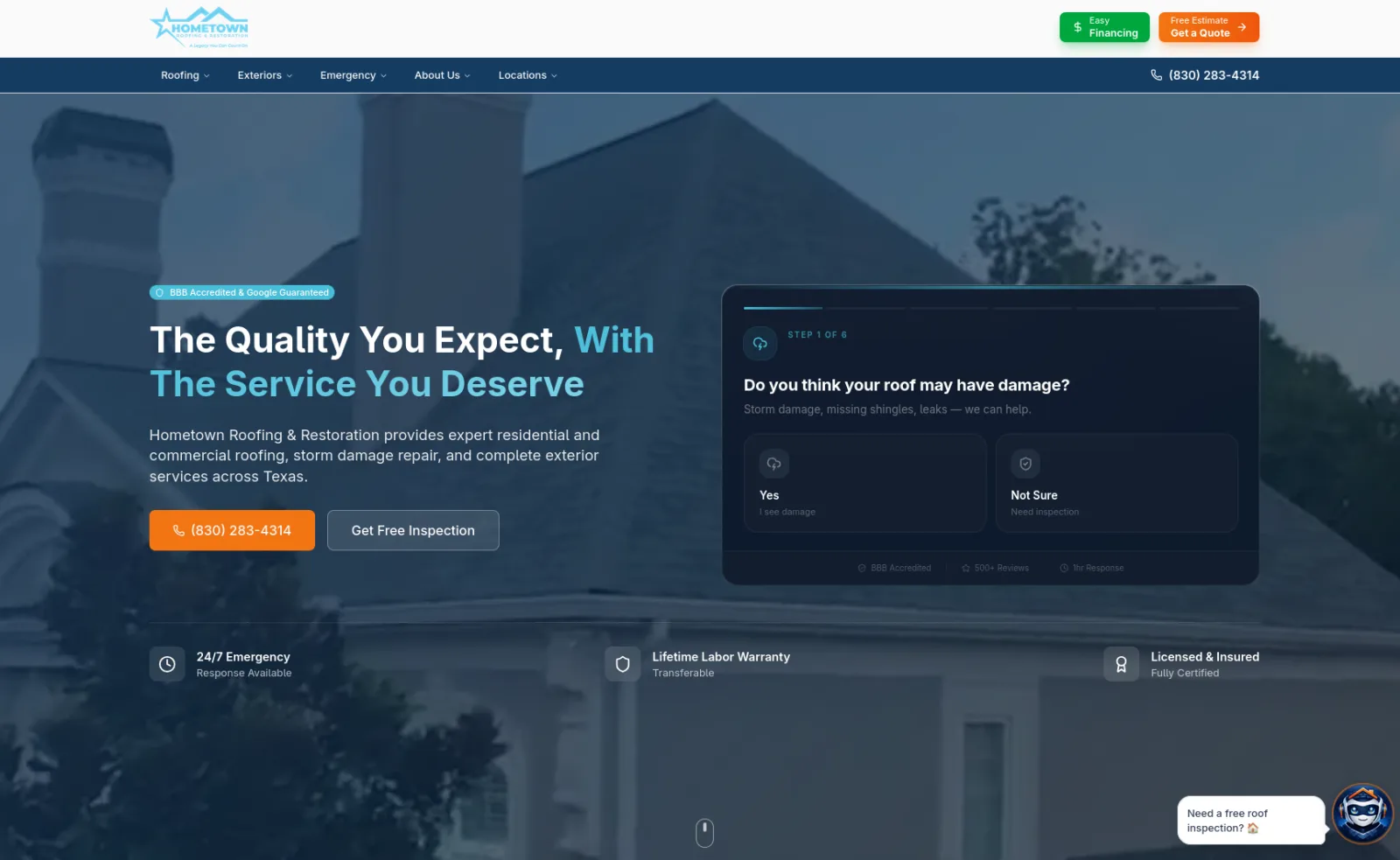 Screenshot of Hometown Roofing & Restoration