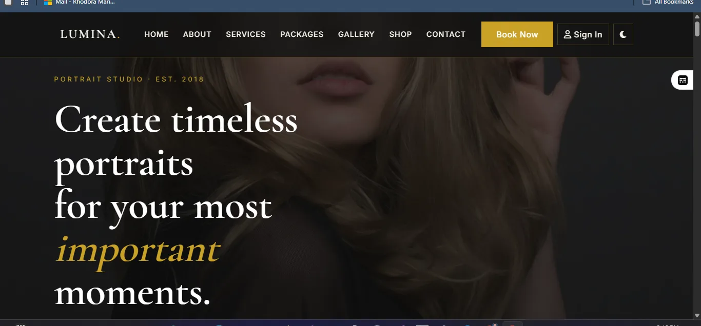Screenshot of LUMINA Portrait Studio — Capturing your story, one frame at a time.
