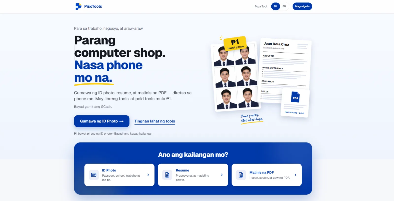 Screenshot of PisoTools — Parang computer shop — Nasa phone mo na.