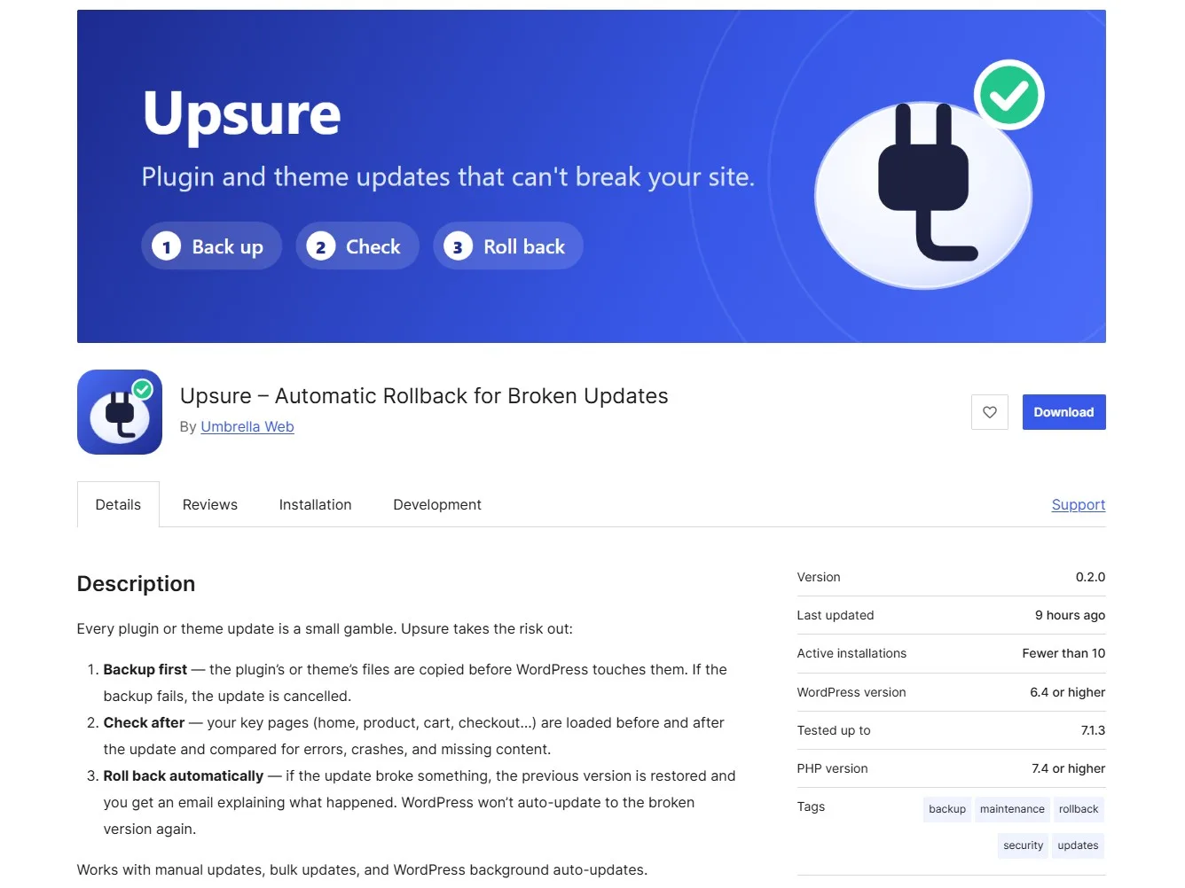 Screenshot of Upsure – Automatic Rollback for Broken Updates