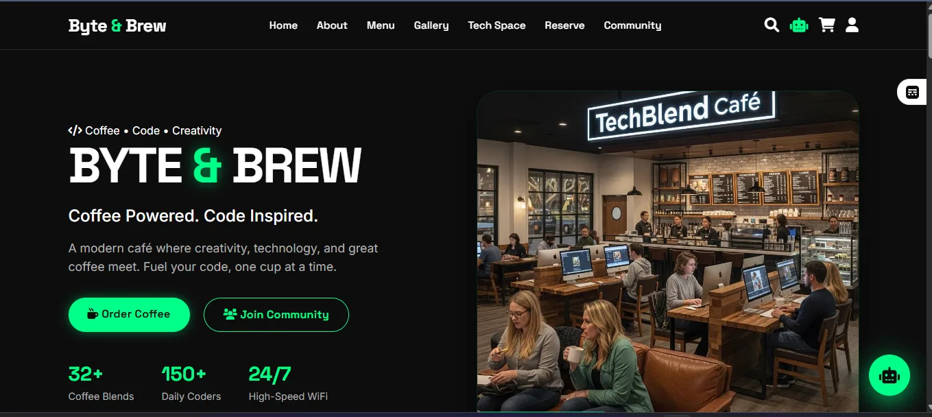 Screenshot of Byte & Brew | Coffee Powered. Code Inspired.